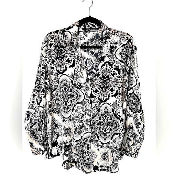 NWOT Zara buttoned down long sleeve loose shirt with cream black baroque print - Picture 1 of 7
